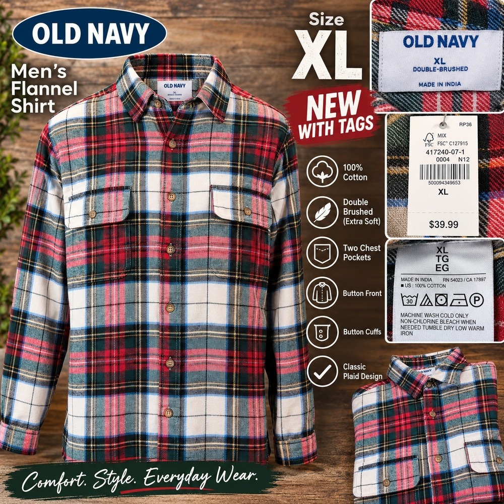 Old Navy Mens Flannel Shirt XL Red Green Plaid Double Brushed Cotton 417240-07-1